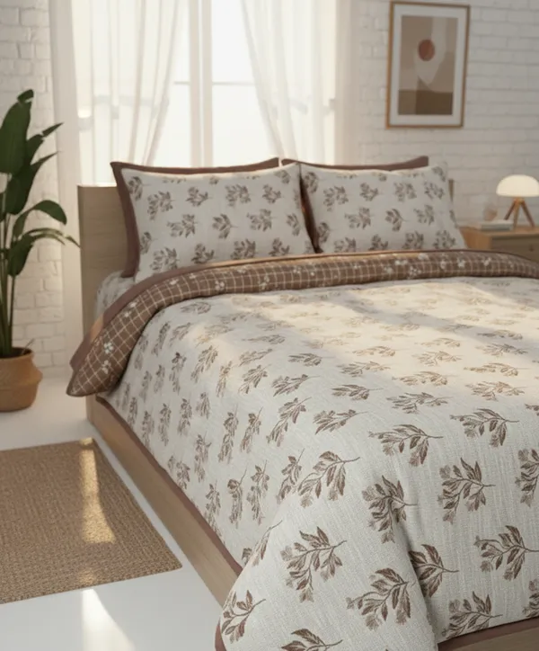 Dohar_Premium_100%_Cotton_Double_Bed_Botanical_Leaf_With_Windowpane_Grid,_All_Season_Reversible_Blanket,_Soft,_Lightweight_And_Breathable_Ac_Dohar/Blanket/For_Bed_Earth_Brown