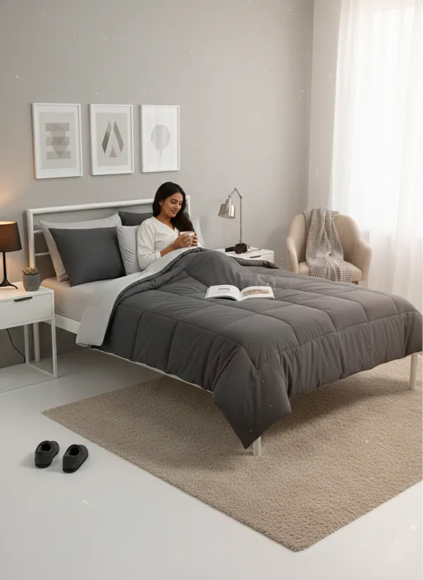 Signature_Reversible_Box-Stitch_Double_Comforter_Premium_Down-Feel_Insert_With_4_Corner_Tabs,_Machine_Washable_(Graphite_Grey_And_Silver)