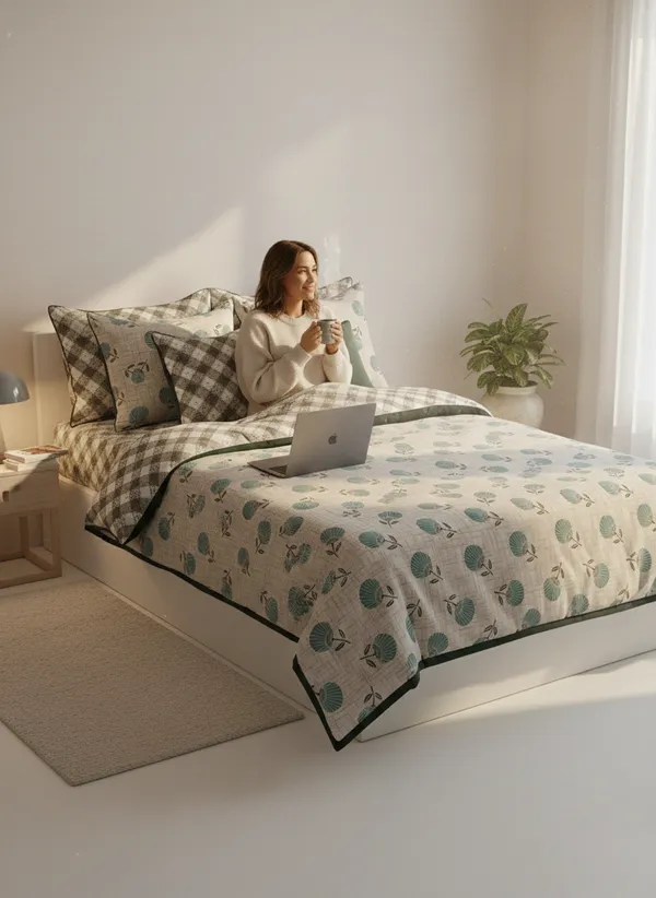 Dohar_Premium_100%_Cotton_Single_Bed_Botanical_Sketch,_All_Season_Reversible_Blanket,_Soft,_Lightweight_And_Breathable_Ac_Dohar/Quilt/Blanket/For_Bed,_Ac_Blanket_Blue/Grey