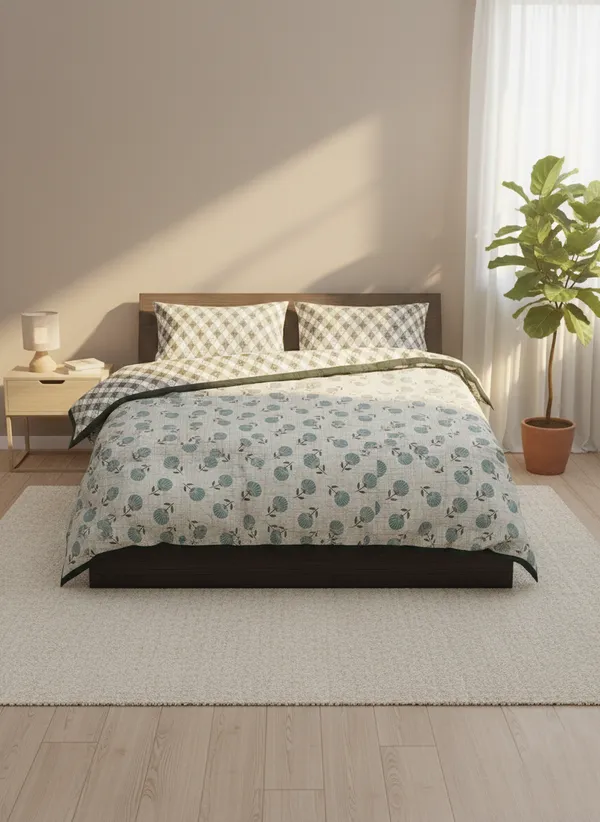 Dohar_Premium_100%_Cotton_Single_Bed_Botanical_Sketch,_All_Season_Reversible_Blanket,_Soft,_Lightweight_And_Breathable_Ac_Dohar/Quilt/Blanket/For_Bed,_Ac_Blanket_Blue/Grey