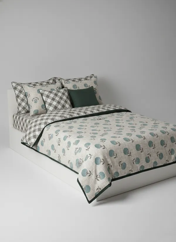 Dohar_Premium_100%_Cotton_Single_Bed_Botanical_Sketch,_All_Season_Reversible_Blanket,_Soft,_Lightweight_And_Breathable_Ac_Dohar/Quilt/Blanket/For_Bed,_Ac_Blanket_Blue/Grey