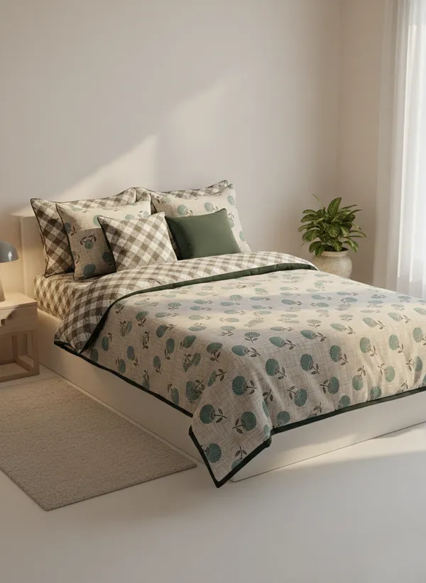 Dohar_Premium_100%_Cotton_Single_Bed_Botanical_Sketch,_All_Season_Reversible_Blanket,_Soft,_Lightweight_And_Breathable_Ac_Dohar/Quilt/Blanket/For_Bed,_Ac_Blanket_Blue/Grey
