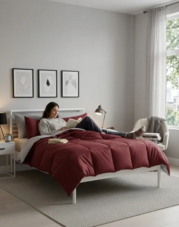 Signature_Reversible_Box-Stitch_Double_Comforter_Premium_Down-Feel_Insert_With_4_Corner_Tabs,_Machine_Washable_(Grey_And_Red)