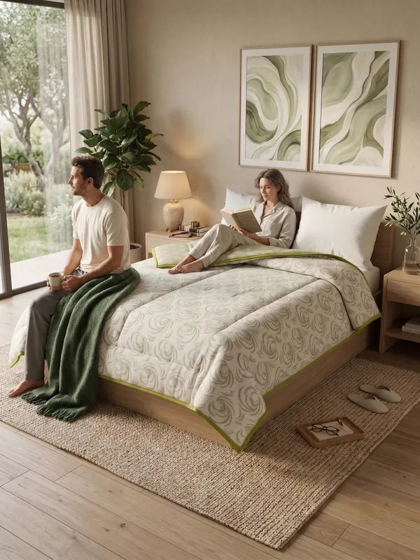 Dohar_Premium_100%_Cotton_Single_Bed_Geometric_And_Organic.,_All_Season_Reversible_Blanket,_Soft,_Lightweight_And_Breathable_Ac_Dohar/Quilt/Blanket/For_Bed_Sage/Olive
