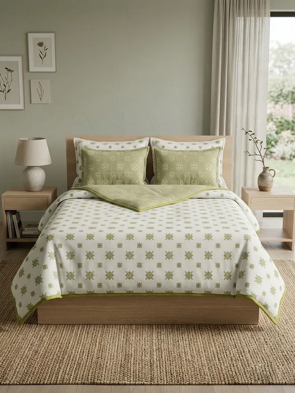 Diamond_Cotton_Bedding_Set_Single_Bed_Sheet_Comforter_Lightweight,_Durable_&_Cozy_Ideal_For_Everyday_Use_&_Mild_Winter_,_Light_Green_&_White