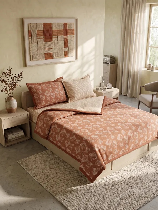 Dohar_Premium_100%_Cotton_Single_Bed_Delicate_Floral_&_Botanical,_All_Season_Reversible_Blanket,_Soft,_Lightweight_And_Breathable_Ac_Dohar/Quilt/Blanket/For_Bed_Peach