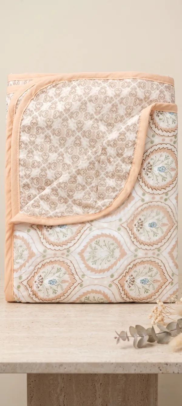 Dohar_Premium_100%_Cotton_Double_Bed_Beige/Peach_Ogee_Medallion,_All_Season_Reversible_Blanket,_Lightweight_&_Breathable_Blanket_for_Bed,_Sofa_AC_Blanket_220_x_250cm