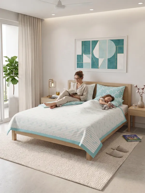 Premium_100%_Cotton_Single_Bed_Modern_Linear_Pinstripe,_All_Season_Reversible_Blanket,_Soft,_Lightweight_And_Breathable_Ac_Dohar/Quilt/Blanket/For_Bed_Aqua/Teal