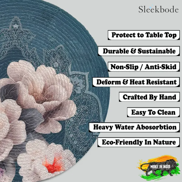 Set_Of_2_Pcs_Blue_&_White_Flower_Cotton_Mat_Bed_Side_Table_Mat_Round_Shape_Placemat_Side_Table_Placemat_For_Dining_Table