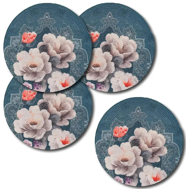 Set_Of_4_Pcs_Blue_&_White_Flower_Cotton_Mat_Bed_Side_Table_Mat_Round_Shape_Placemat_Side_Table_Placemat_For_Dining_Table
