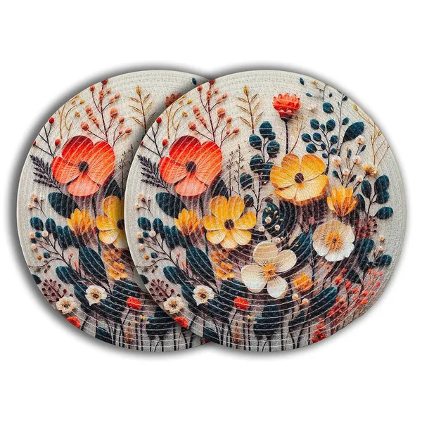 Set_of_2_Pcs_Orange_&_Yellow_Flower_Cotton_Table_Mat_Bed_Side_Table_Mat_Round_Shape_Placemat_Side_Table_Placemat_For_Dining_Table