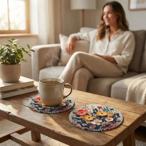 Set_of_2_Pcs_Orange_&_Yellow_Flower_Cotton_Table_Mat_Bed_Side_Table_Mat_Round_Shape_Placemat_Side_Table_Placemat_For_Dining_Table