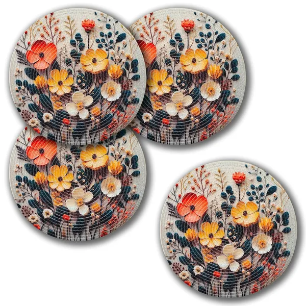 Set_of_4_Pcs_Orange_&_Yellow_Flower_Cotton_Table_Mat_Bed_Side_Table_Mat_Round_Shape_Placemat_Side_Table_Placemat_For_Dining_Table