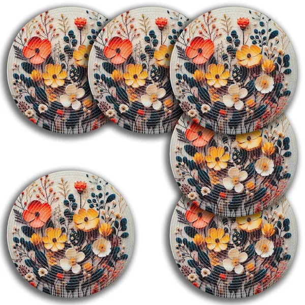 Set_of_6_Pcs_Orange_&_Yellow_Flower_Cotton_Table_Mat_Bed_Side_Table_Mat_Round_Shape_Placemat_Side_Table_Placemat_For_Dining_Table