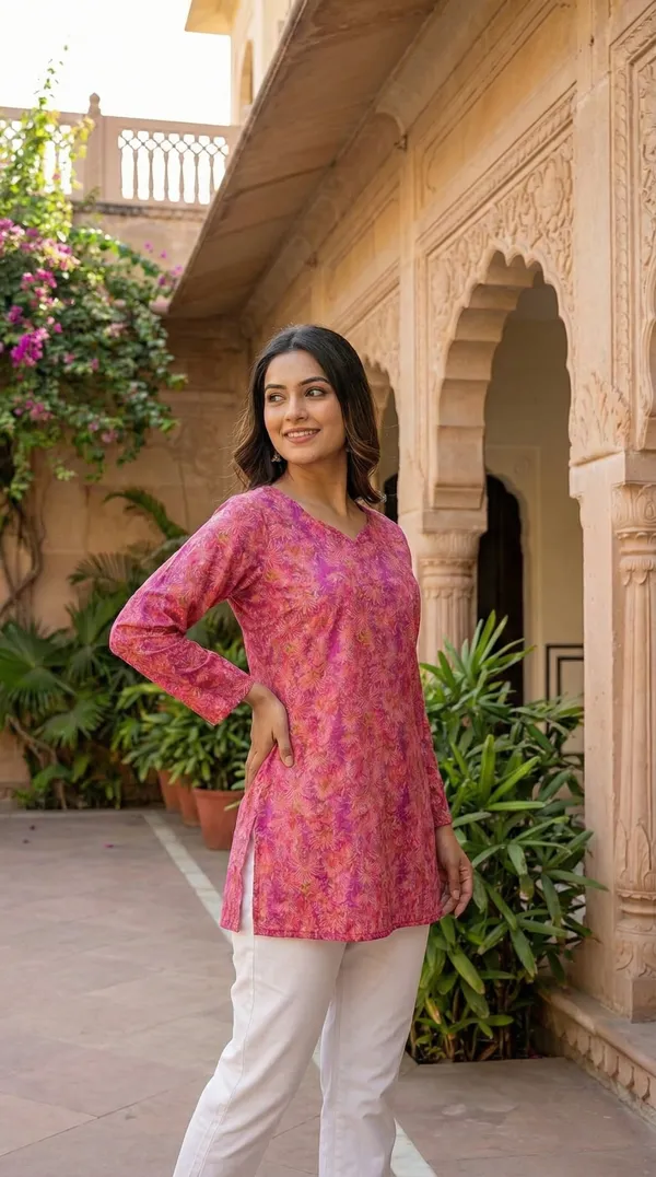 Pink_Hand_Block_Printed_Pure_Cotton_Short_Kurti_For_Women