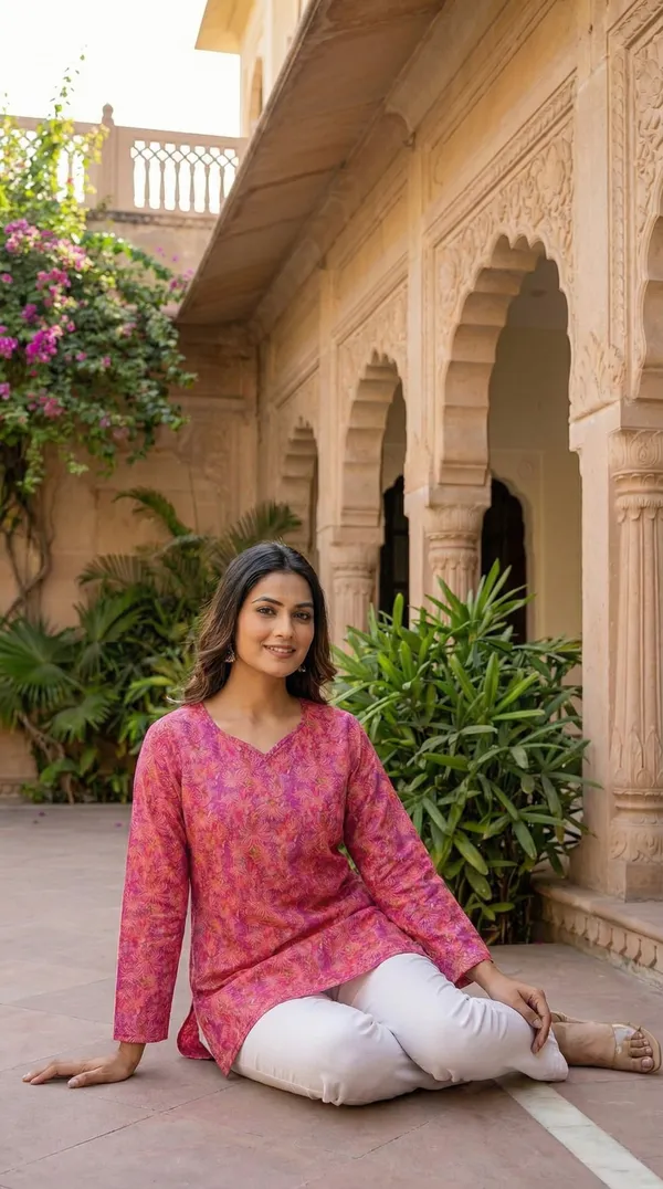 Pink_Hand_Block_Printed_Pure_Cotton_Short_Kurti_For_Women
