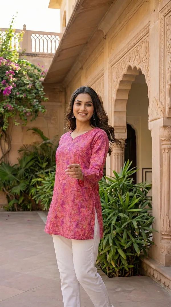 Pink_Hand_Block_Printed_Pure_Cotton_Short_Kurti_For_Women