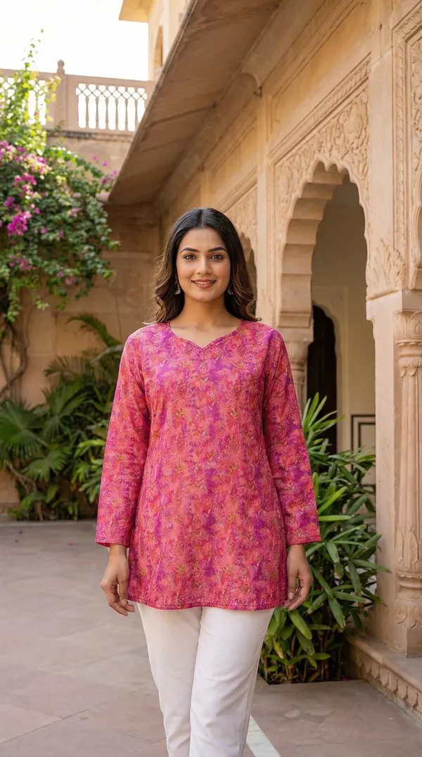 Pink_Hand_Block_Printed_Pure_Cotton_Short_Kurti_For_Women