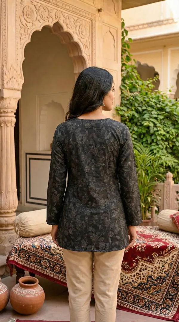 Black_Hand_Block_Printed_Pure_Cotton_Short_Kurti_For_Women