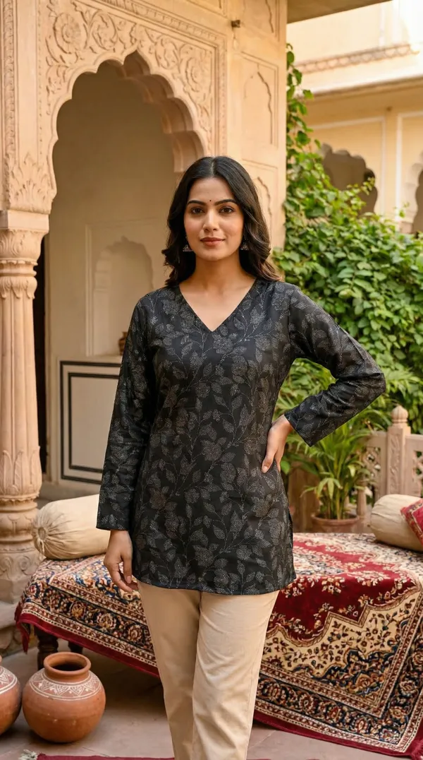 Black_Hand_Block_Printed_Pure_Cotton_Short_Kurti_For_Women