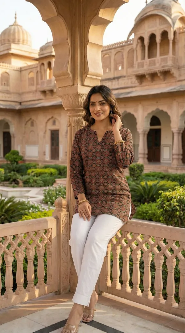 Brown_Hand_Block_Printed_Pure_Cotton_Short_Kurti_For_Women
