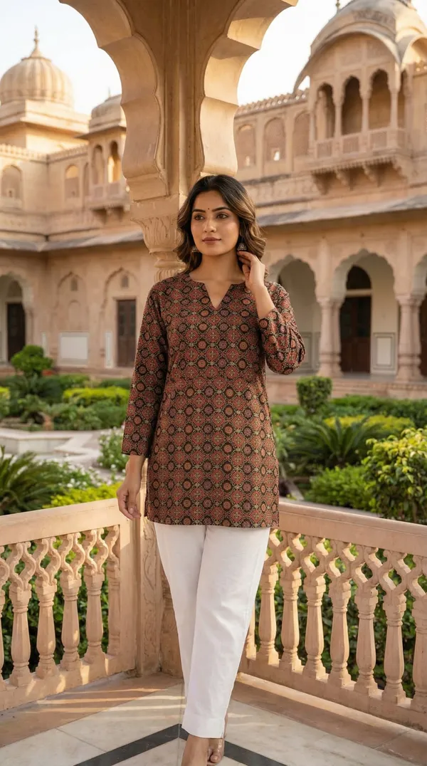 Brown_Hand_Block_Printed_Pure_Cotton_Short_Kurti_For_Women