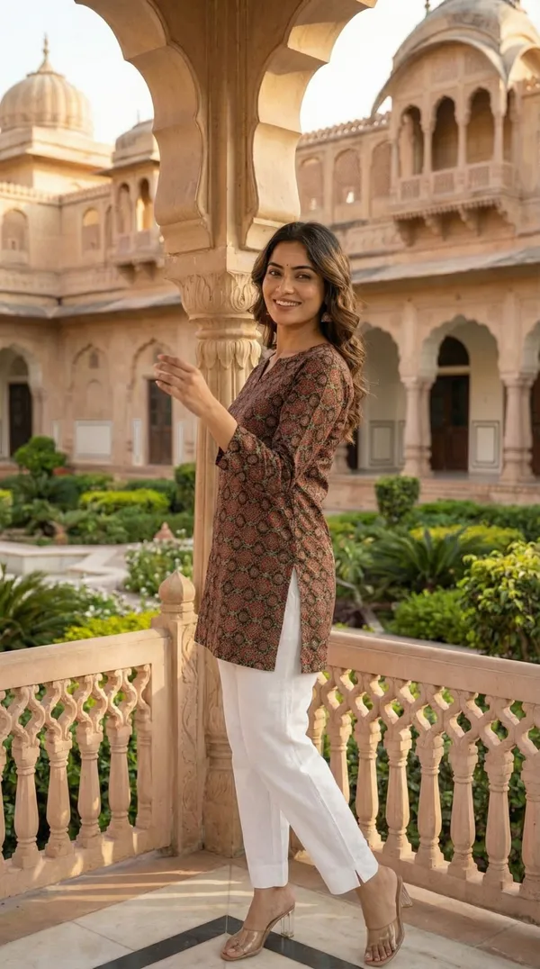 Brown_Hand_Block_Printed_Pure_Cotton_Short_Kurti_For_Women