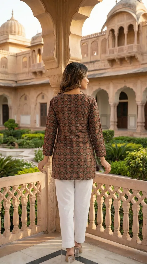 Brown_Hand_Block_Printed_Pure_Cotton_Short_Kurti_For_Women