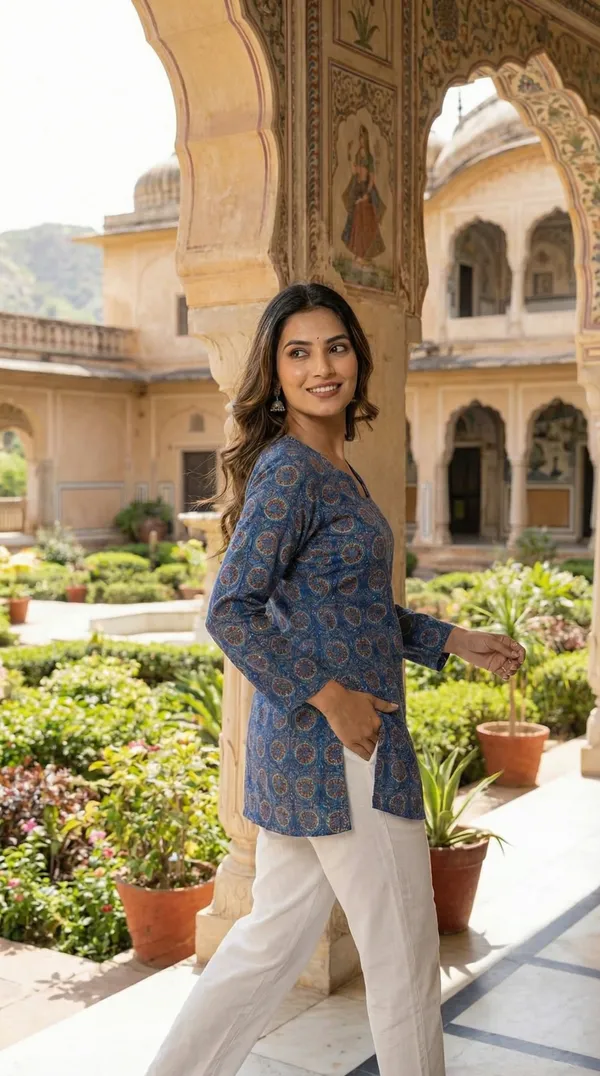 Blue_Hand_Block_Printed_Pure_Cotton_Short_Kurti_For_Women