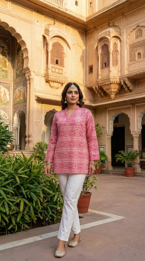 Pink_Hand_Block_Printed_Pure_Cotton_Short_Kurti_For_Women