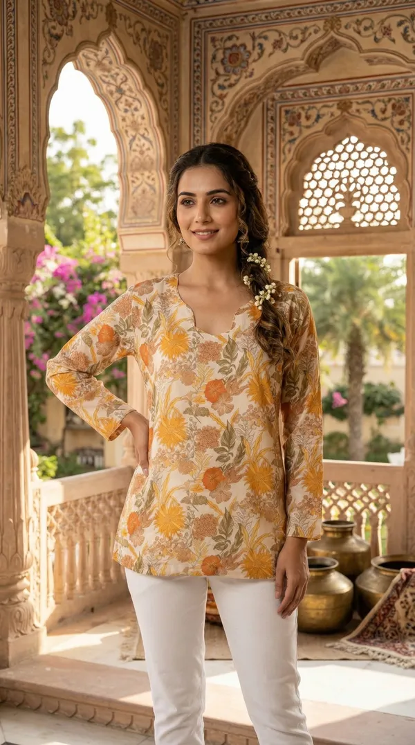 Yellow_Hand_Block_Printed_Pure_Cotton_Short_Kurti_For_Women