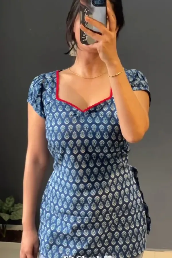 Light_Blue_Hand_Block_Printed_Pure_Cotton_Short_Kurti_For_Women