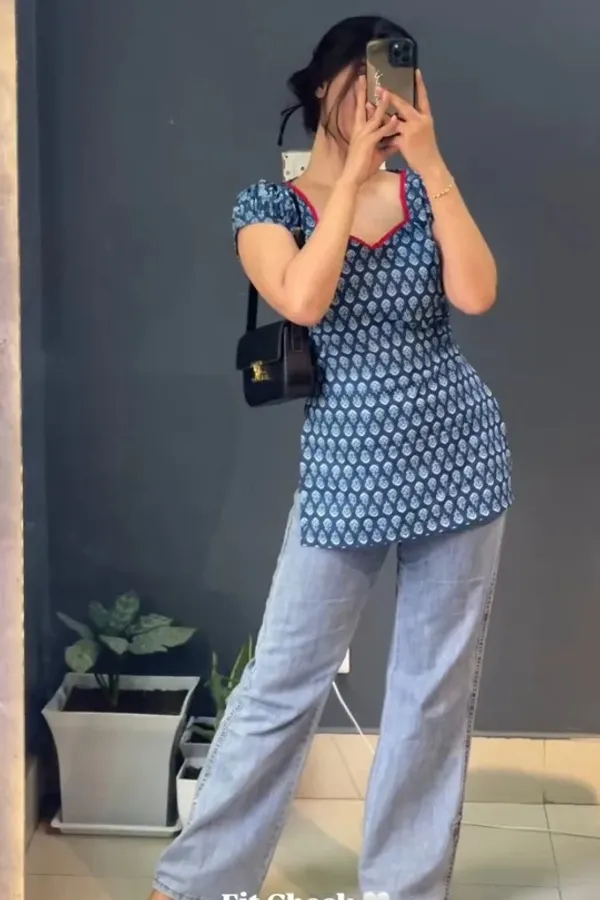 Light_Blue_Hand_Block_Printed_Pure_Cotton_Short_Kurti_For_Women