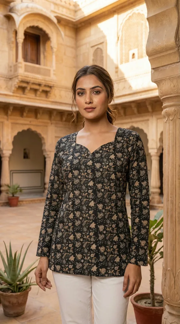 Black_Hand_Block_Printed_Pure_Cotton_Short_Kurti_For_Women