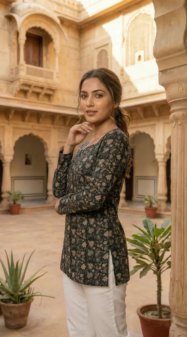 Black_Hand_Block_Printed_Pure_Cotton_Short_Kurti_For_Women