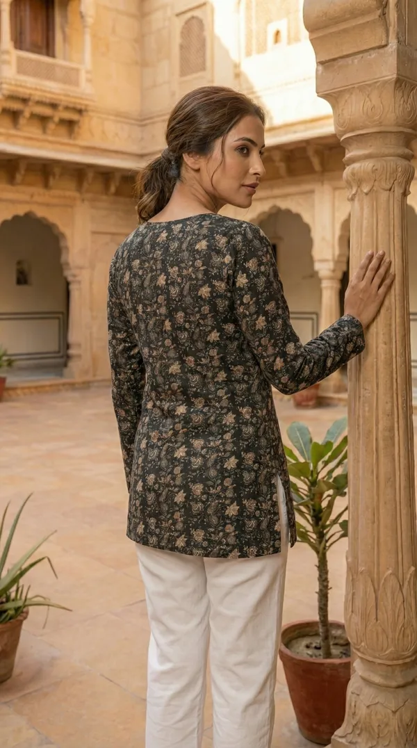 Black_Hand_Block_Printed_Pure_Cotton_Short_Kurti_For_Women