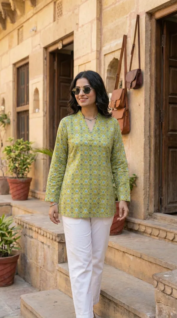 Light_Green_Block_Printed_Pure_Cotton_Short_Kurti_For_Women