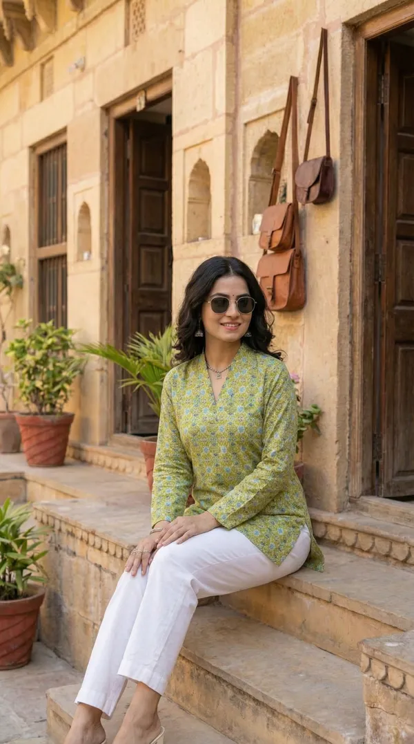 Light_Green_Block_Printed_Pure_Cotton_Short_Kurti_For_Women