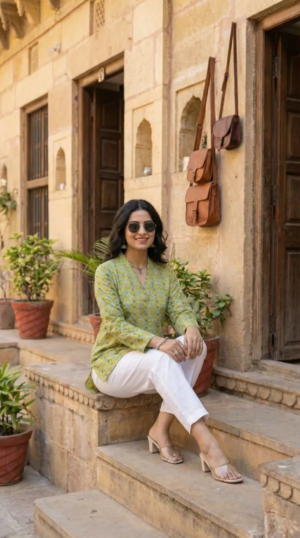 Light_Green_Block_Printed_Pure_Cotton_Short_Kurti_For_Women
