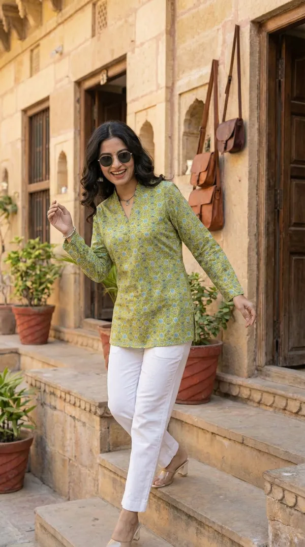 Light_Green_Block_Printed_Pure_Cotton_Short_Kurti_For_Women