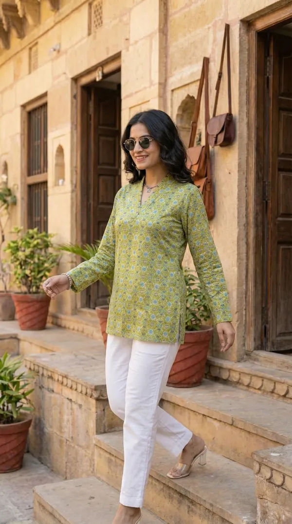Light_Green_Block_Printed_Pure_Cotton_Short_Kurti_For_Women