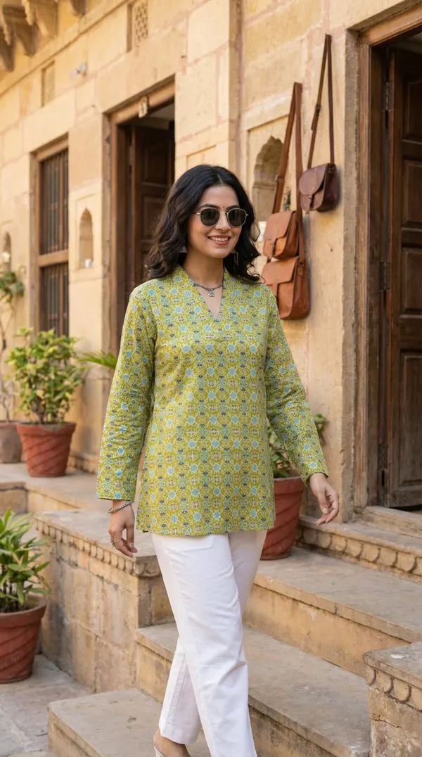 Light_Green_Block_Printed_Pure_Cotton_Short_Kurti_For_Women