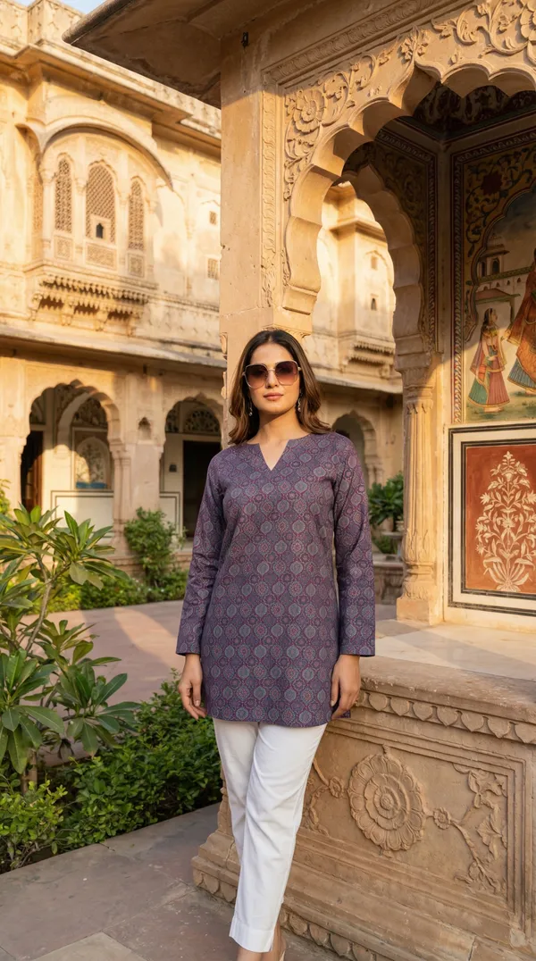 Purple_Hand_Block_Printed_Pure_Cotton_Short_Kurti_For_Women