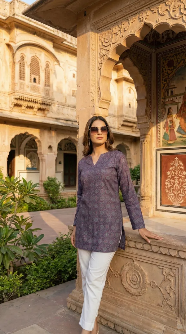 Purple_Hand_Block_Printed_Pure_Cotton_Short_Kurti_For_Women