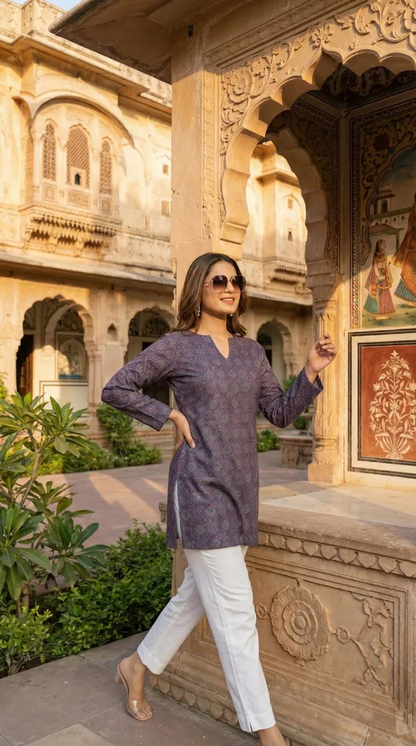 Purple_Hand_Block_Printed_Pure_Cotton_Short_Kurti_For_Women