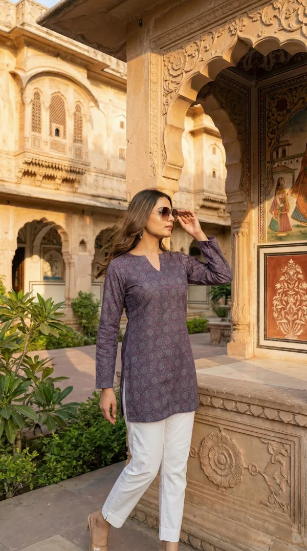 Purple_Hand_Block_Printed_Pure_Cotton_Short_Kurti_For_Women