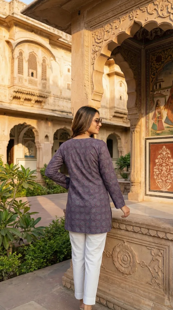 Purple_Hand_Block_Printed_Pure_Cotton_Short_Kurti_For_Women