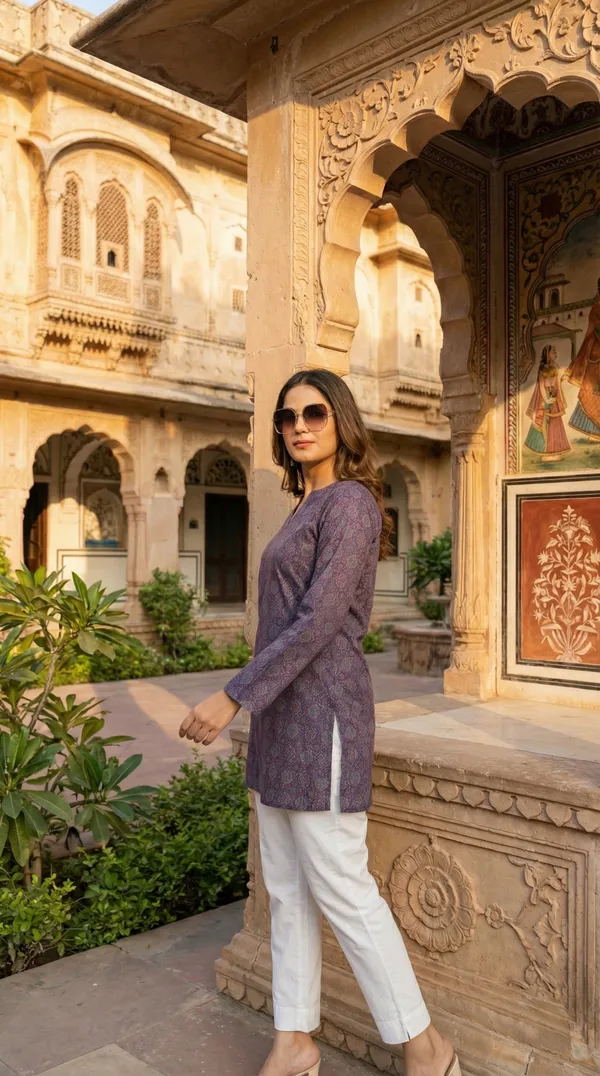 Purple_Hand_Block_Printed_Pure_Cotton_Short_Kurti_For_Women