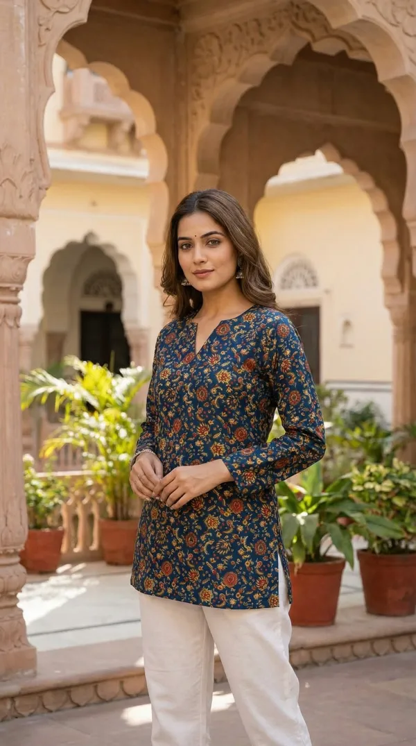 Blue_Hand_Block_Printed_Pure_Cotton_Short_Kurti_For_Women