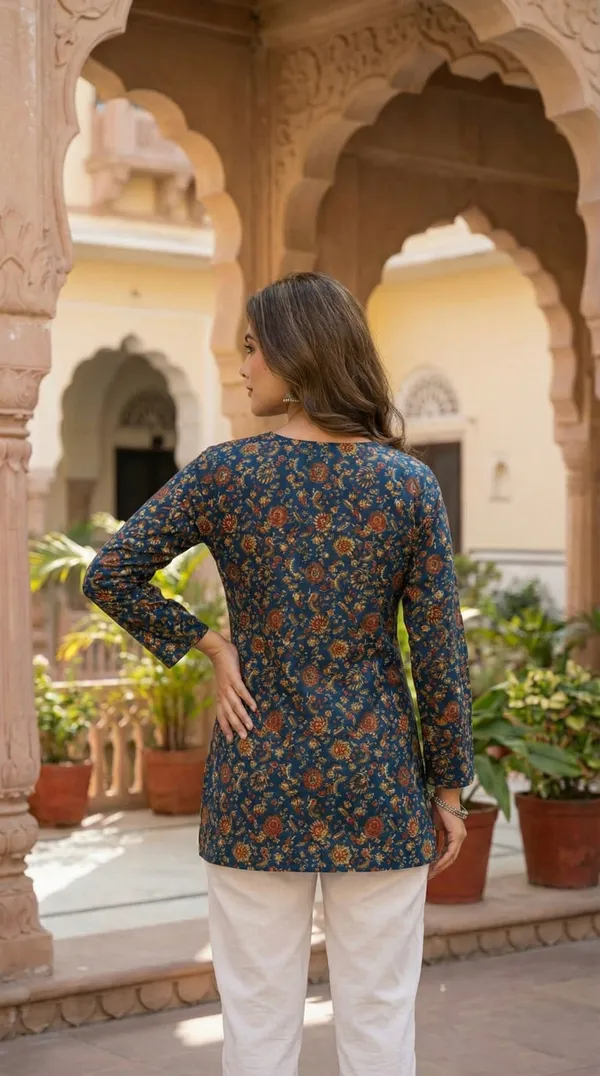 Blue_Hand_Block_Printed_Pure_Cotton_Short_Kurti_For_Women
